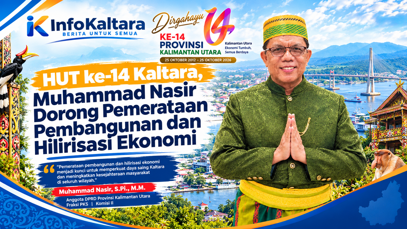 Muhammad Nasir pada HUT ke-14 Kaltara mendorong pemerataan pembangunan dan hilirisasi ekonomi.